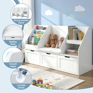 Kids Storage Bench | Bookshelf + Toy Box | Drawer + Seat Cabinet | White