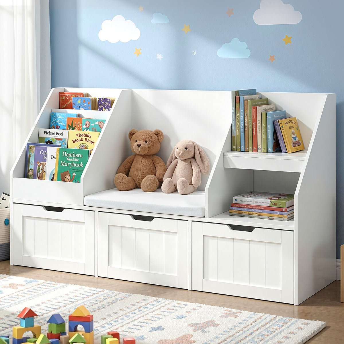 Kids Storage Bench | Bookshelf + Toy Box | Drawer + Seat Cabinet | White