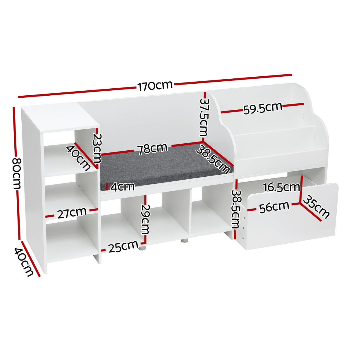 Kids Storage Unit | Bench Seat + Bookshelf + Toy Box | 170cm | White