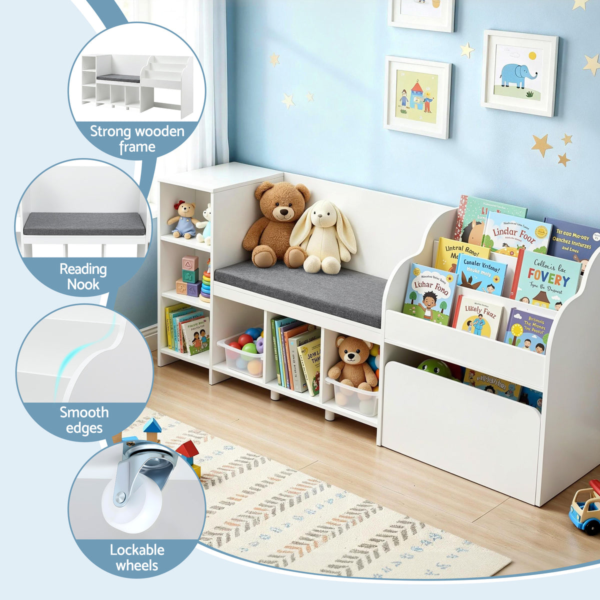 Kids Storage Unit | Bench Seat + Bookshelf + Toy Box | 170cm | White