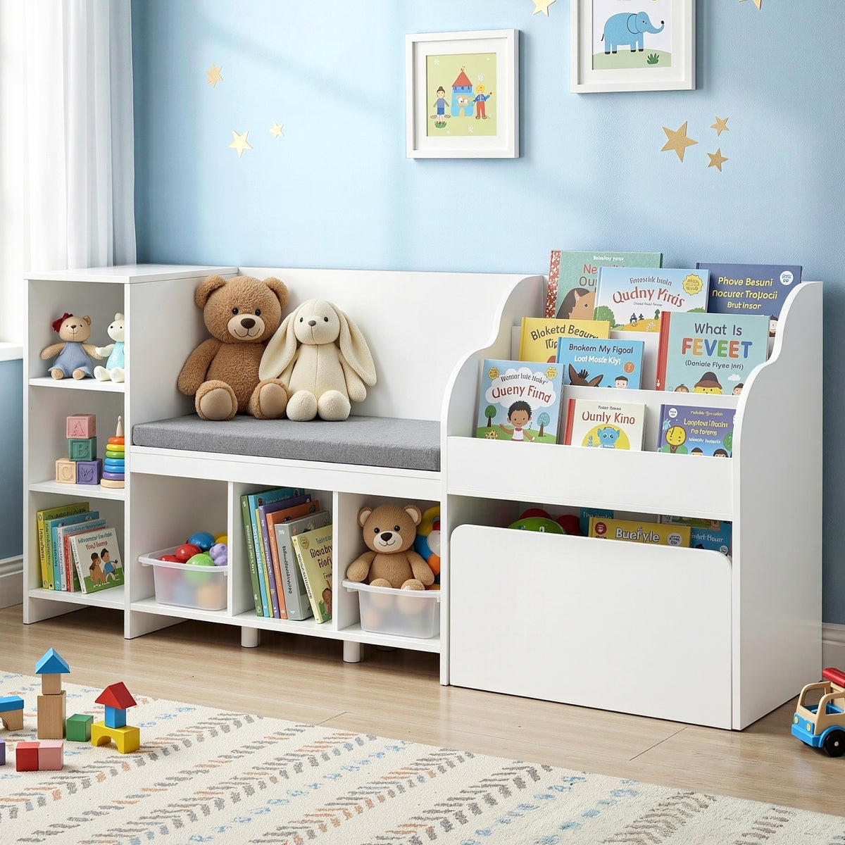 Kids Storage Unit | Bench Seat + Bookshelf + Toy Box | 170cm | White