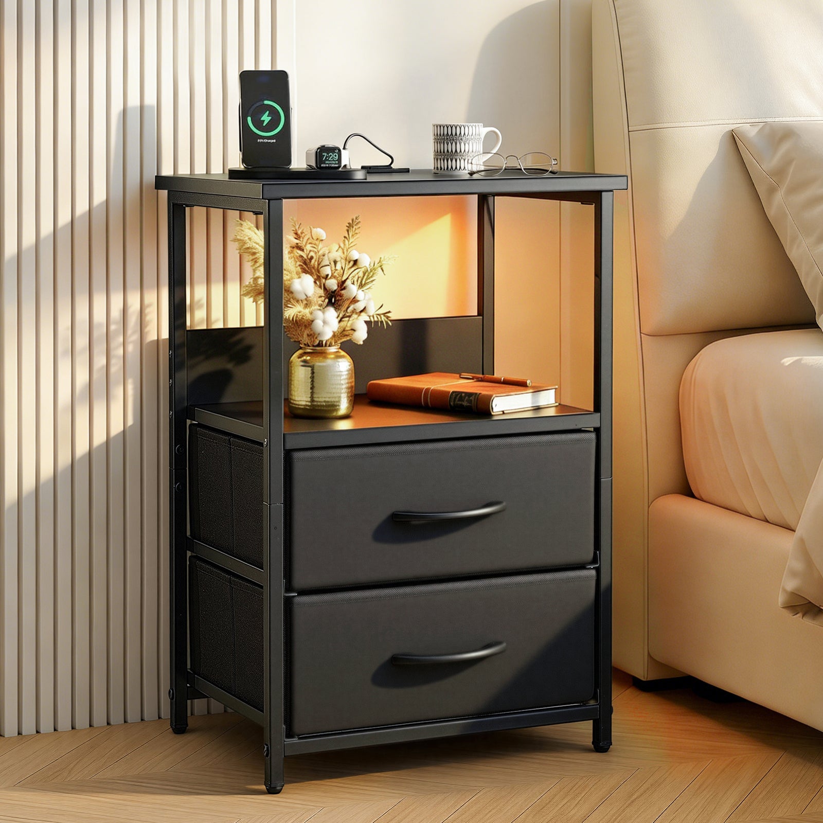 Foldable LED Bedside Table | 2 Drawers & Charging Station | Black