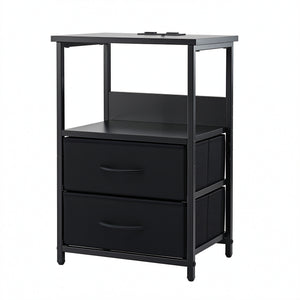 Artiss Bedside Table LED Nightstand Charging Station 2 Drawers Foldable Black