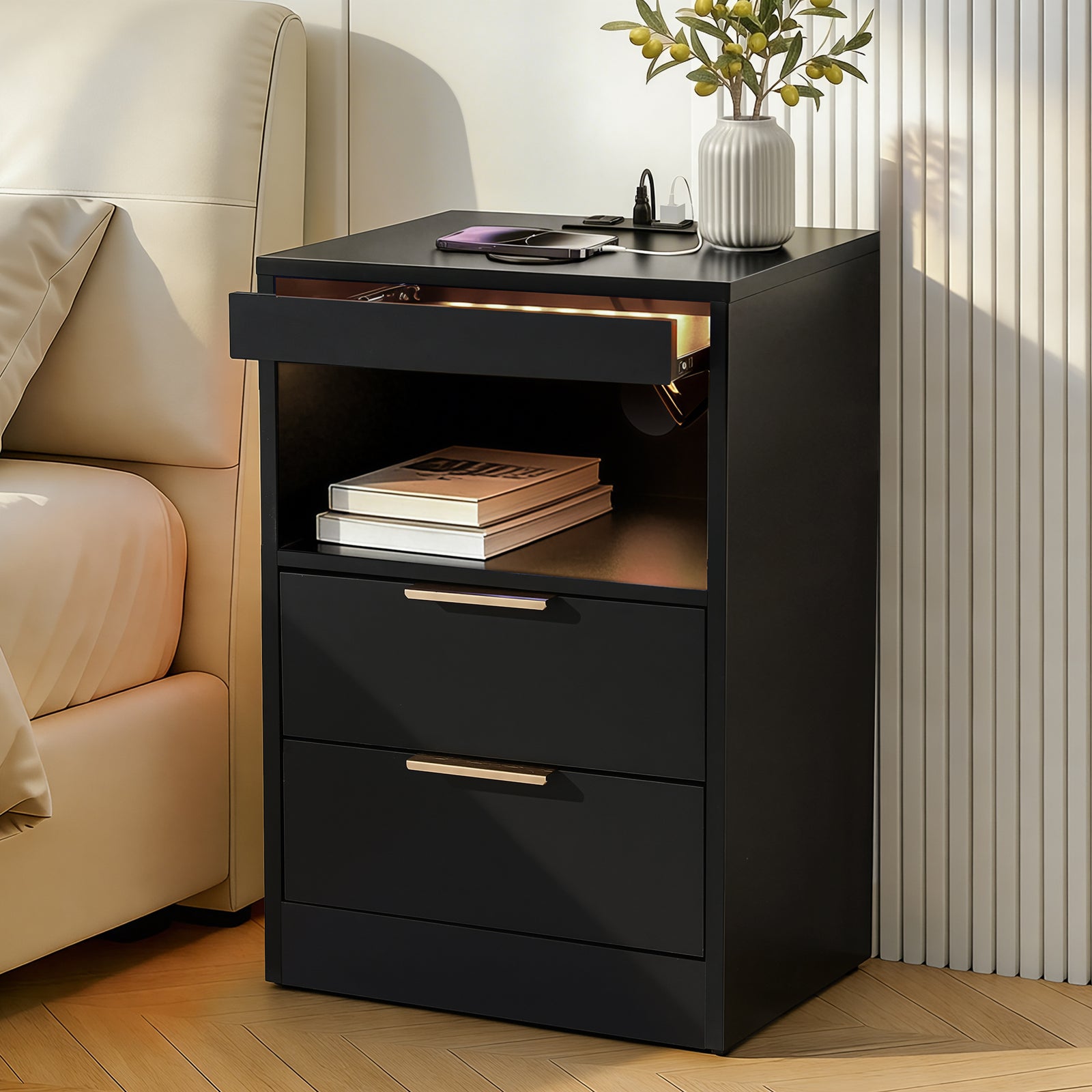 LED Bedside Table | 2 Drawers & Charging Station | Black