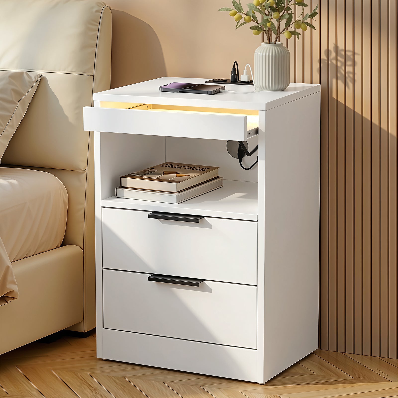 LED Bedside Table | 2 Drawers & Charging Station | White