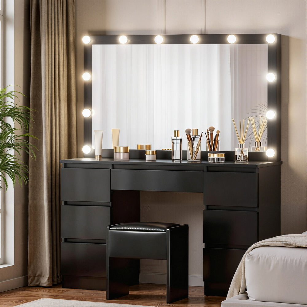 Makeup Vanity Set | 12 LED Bulbs | Stool Included | Black