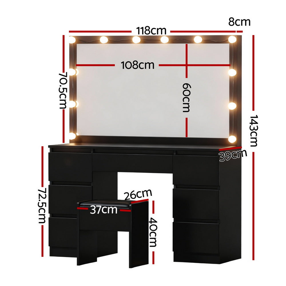 Makeup Vanity Set | 12 LED Bulbs | Stool Included | Black