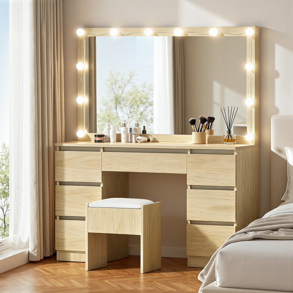 Dressing Table Set | 12 LED Bulbs | Stool Included | Wood