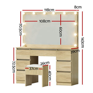 Dressing Table Set | 12 LED Bulbs | Stool Included | Wood