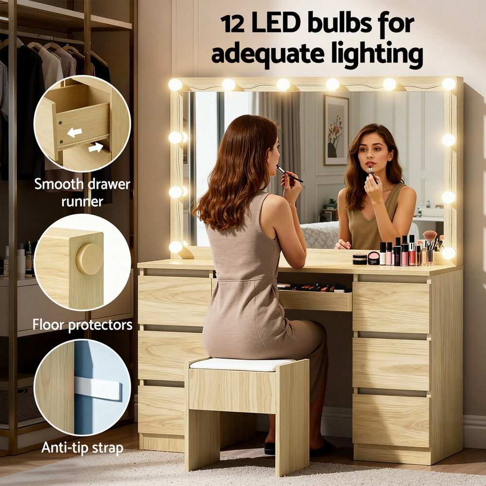 Dressing Table Set | 12 LED Bulbs | Stool Included | Wood