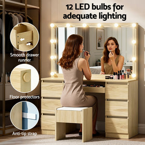 Dressing Table Set | 12 LED Bulbs | Stool Included | Wood