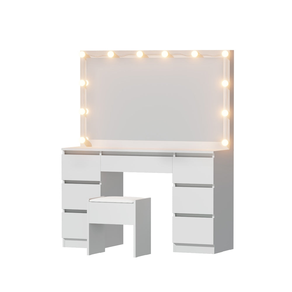 Dressing Table Set | Vanity Desk with Stool & 12 LED Bulbs | White Finish