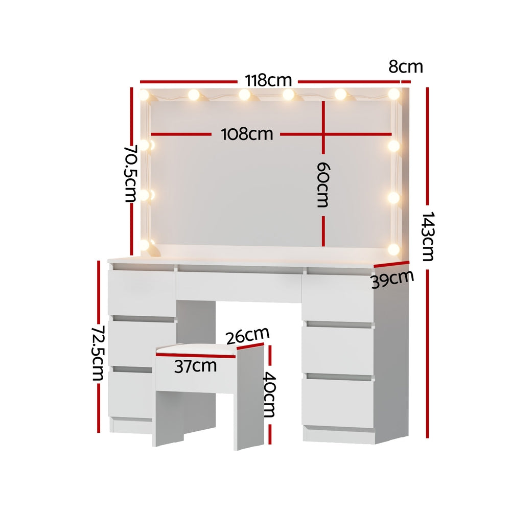 Dressing Table Set | Vanity Desk with Stool & 12 LED Bulbs | White Finish