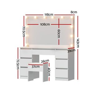 Dressing Table Set | Vanity Desk with Stool & 12 LED Bulbs | White Finish