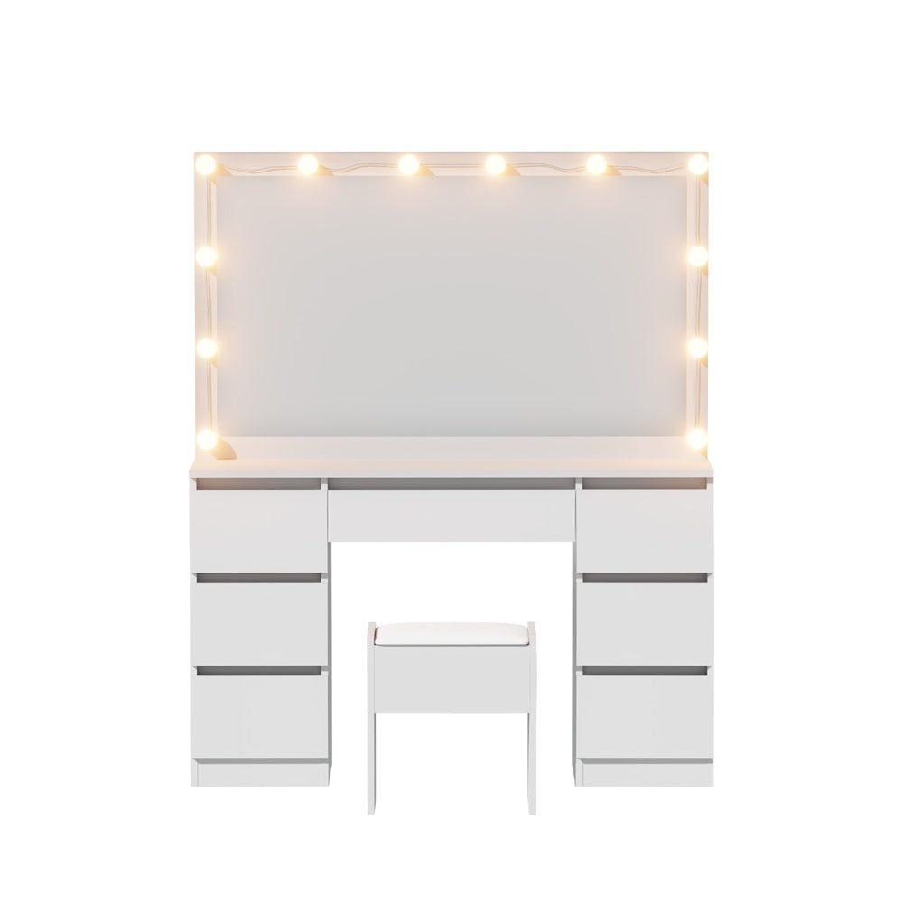 Dressing Table Set | Vanity Desk with Stool & 12 LED Bulbs | White Finish