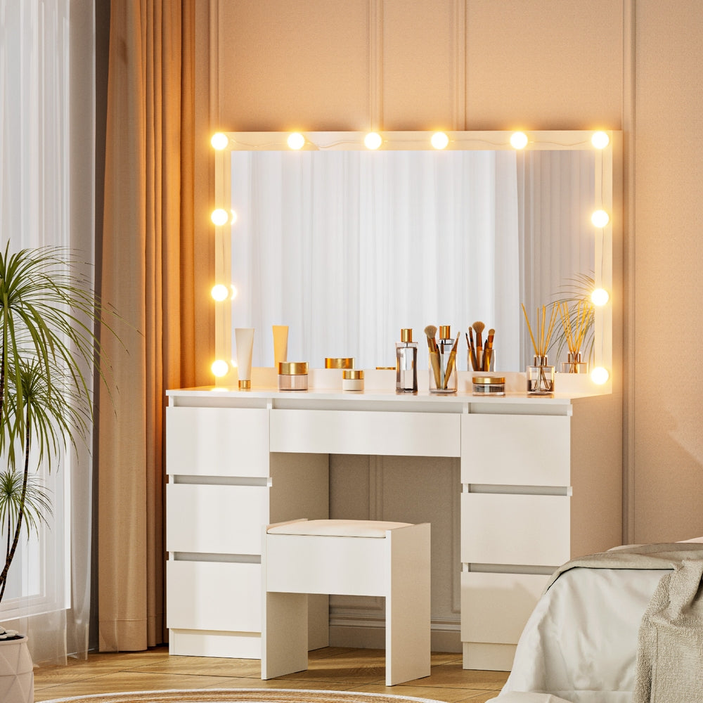 Dressing Table Set | Vanity Desk with Stool & 12 LED Bulbs | White Finish