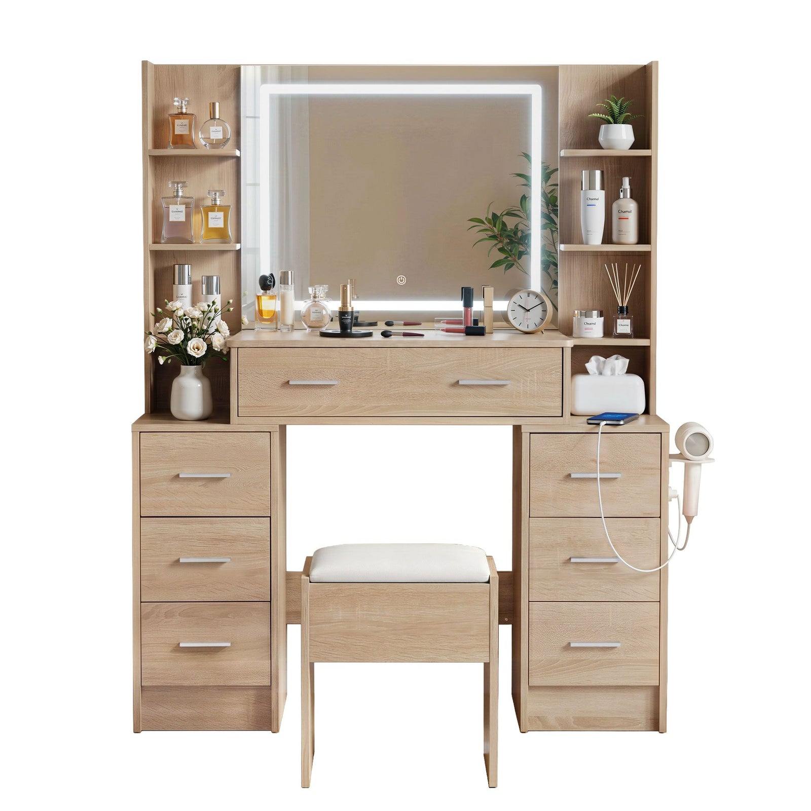 Dressing Table Set | LED Vanity Desk with Stool & Charging Station | Wood Look