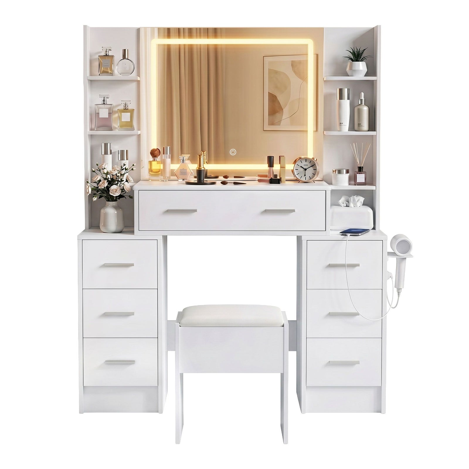 Dressing Table Set | LED Vanity Desk with Stool & Charging Station | White