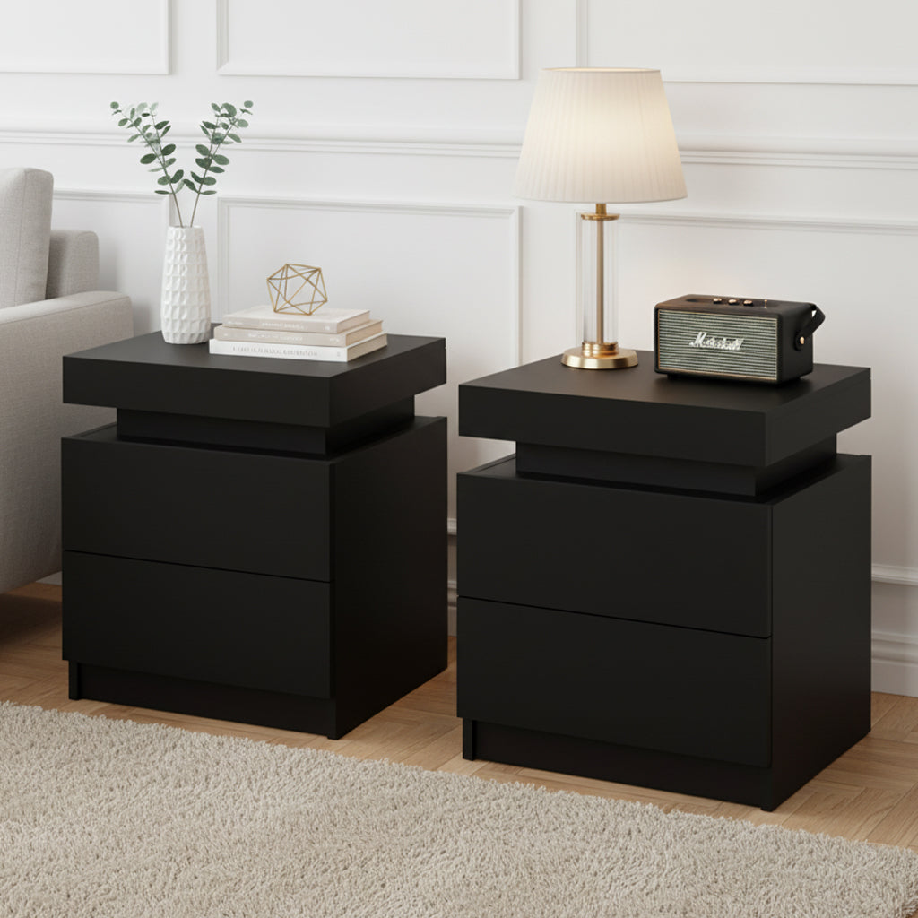 Bedside Tables Set 2pc | 2 Drawers | Lift-Up Storage | Black