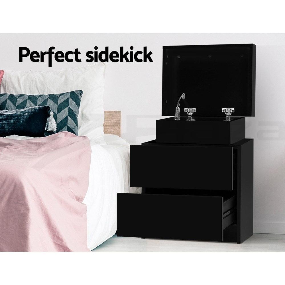 Bedside Tables Set 2pc | 2 Drawers | Lift-Up Storage | Black