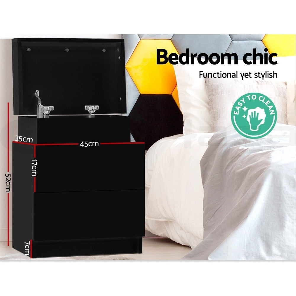 Bedside Tables Set 2pc | 2 Drawers | Lift-Up Storage | Black