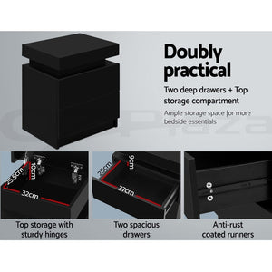 Bedside Tables Set 2pc | 2 Drawers | Lift-Up Storage | Black