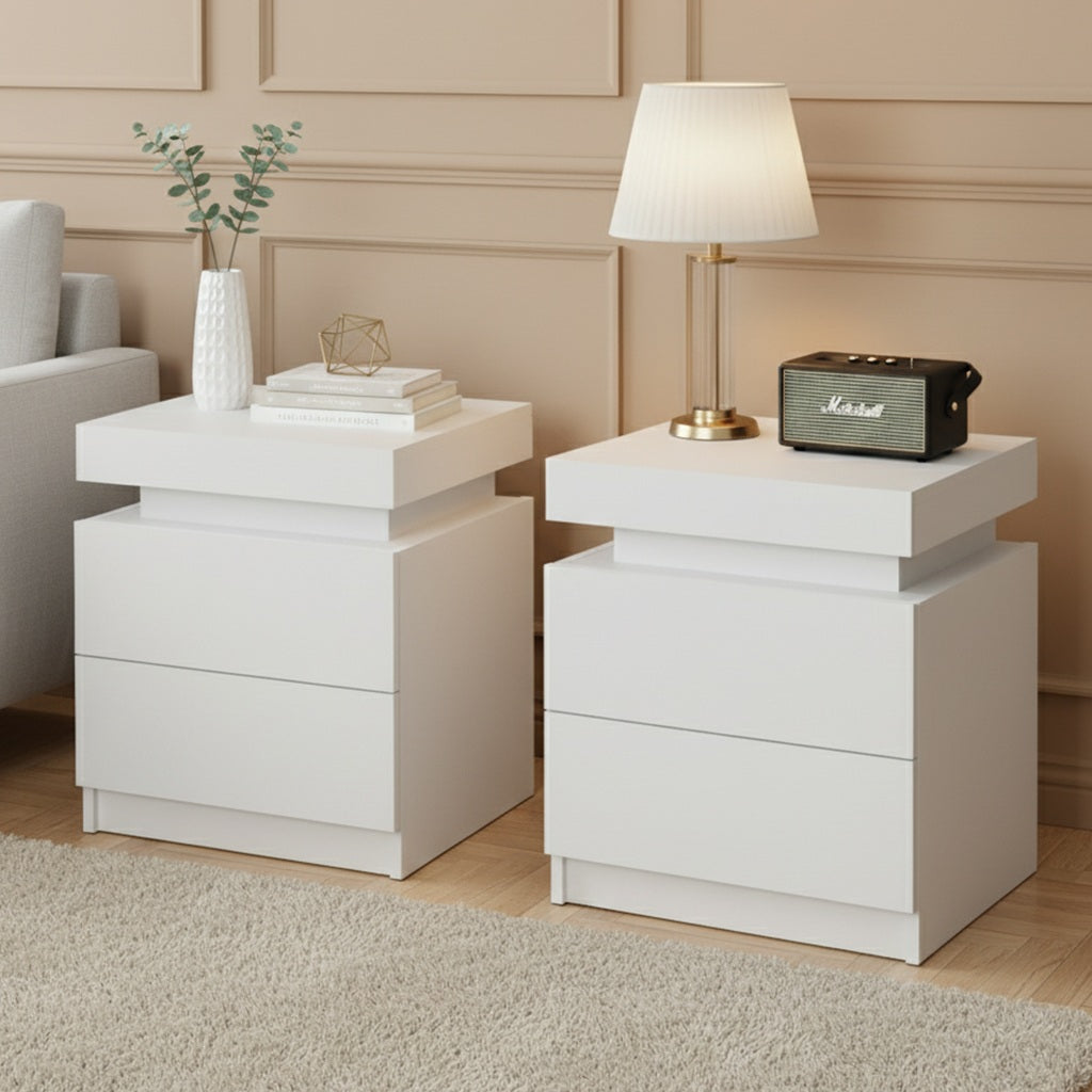 Bedside Tables Set 2pc | 2 Drawers | Lift-Up Storage | White