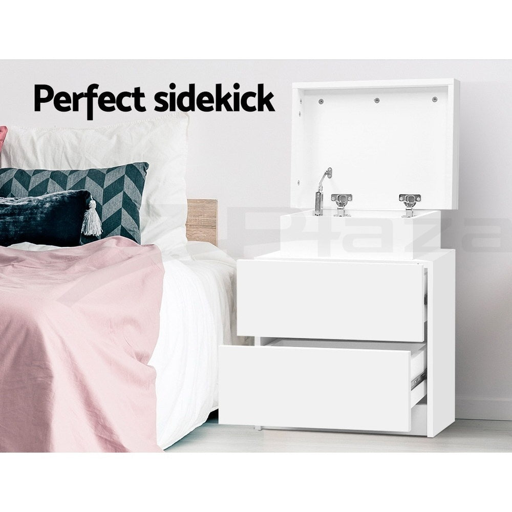Bedside Tables Set 2pc | 2 Drawers | Lift-Up Storage | White