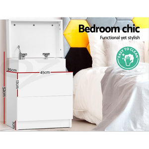 Bedside Tables Set 2pc | 2 Drawers | Lift-Up Storage | White