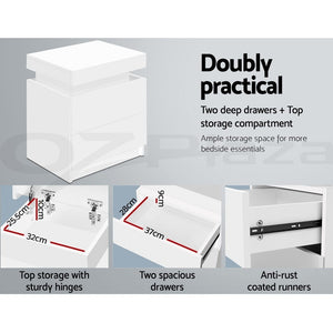 Bedside Tables Set 2pc | 2 Drawers | Lift-Up Storage | White