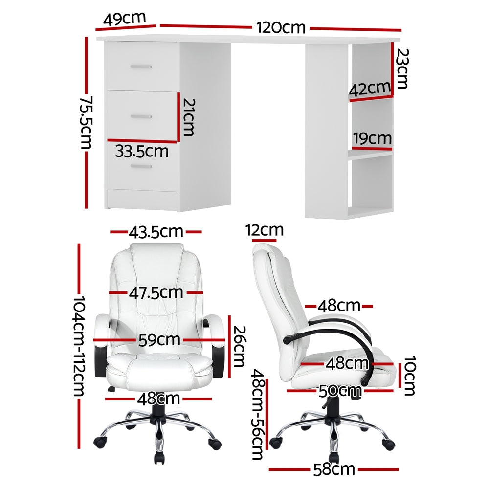 Artiss Office Set | 120cm Computer Desk + PU Leather Executive Chair | High Back | White