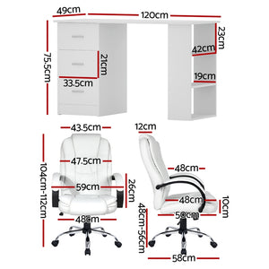Artiss Office Set | 120cm Computer Desk + PU Leather Executive Chair | High Back | White