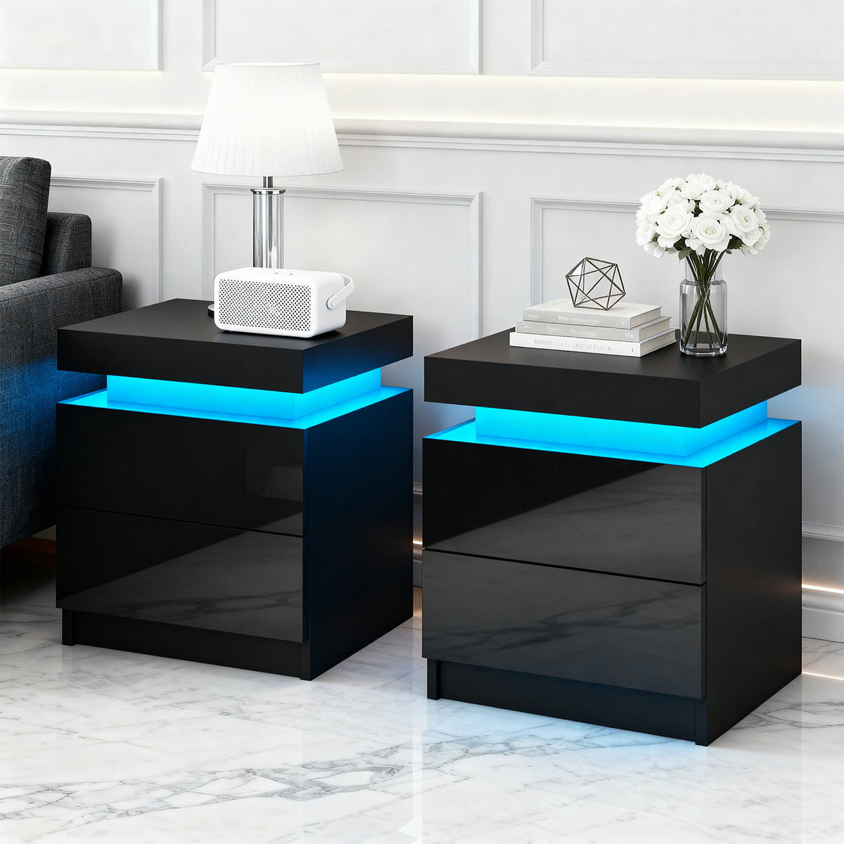 Bedside Tables Set 2pc | LED Light | 2 Drawers | Lift-Up Storage | COLEY | Black