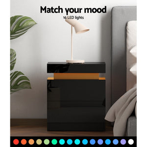 Bedside Tables Set 2pc | LED Light | 2 Drawers | Lift-Up Storage | COLEY | Black