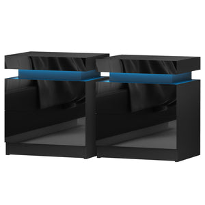 Bedside Tables Set 2pc | LED Light | 2 Drawers | Lift-Up Storage | COLEY | Black