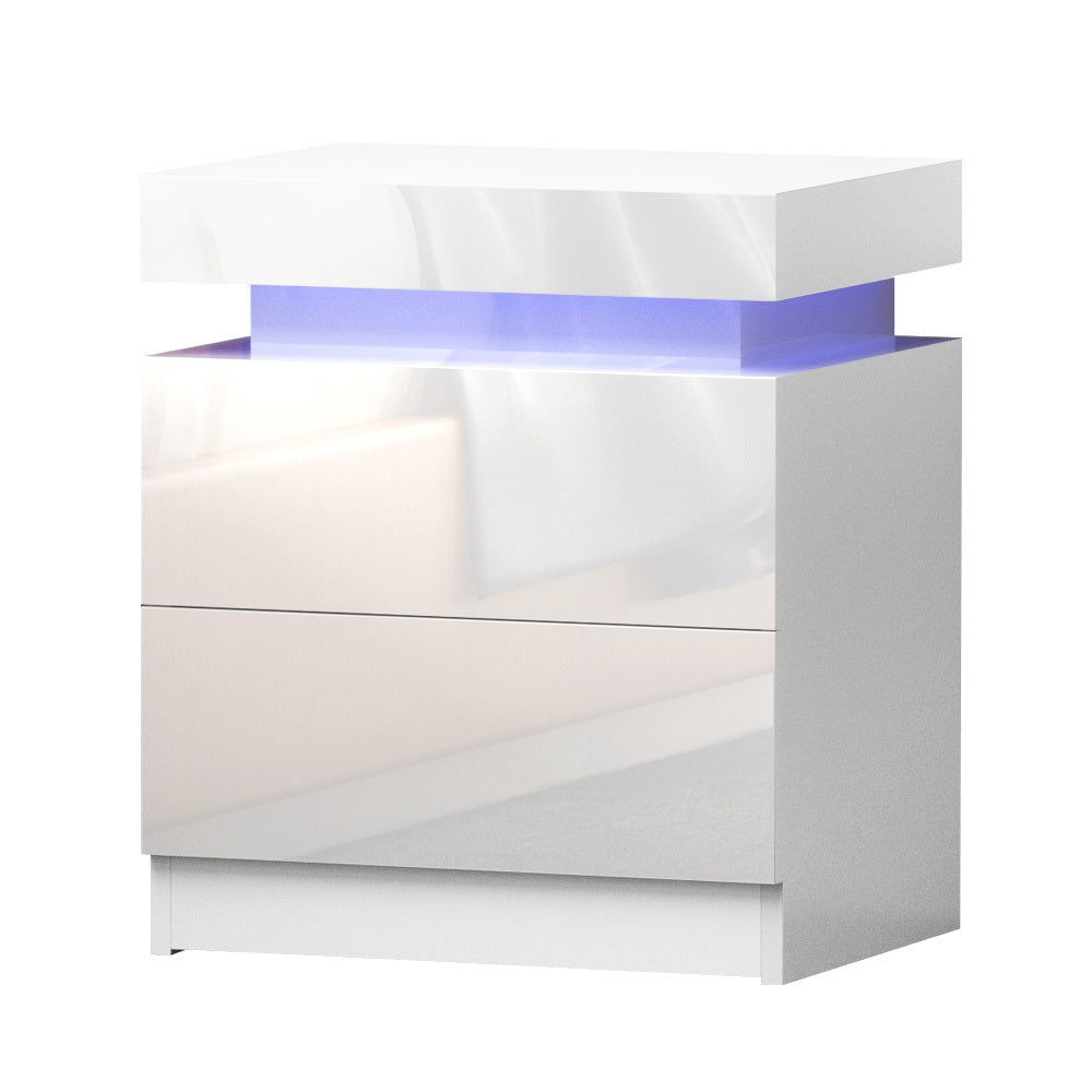 Bedside Tables Set 2pc | LED Light | 2 Drawers | Lift-Up Storage | COLEY | White