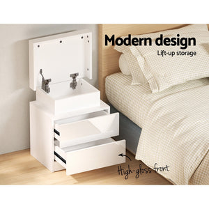 Bedside Tables Set 2pc | LED Light | 2 Drawers | Lift-Up Storage | COLEY | White