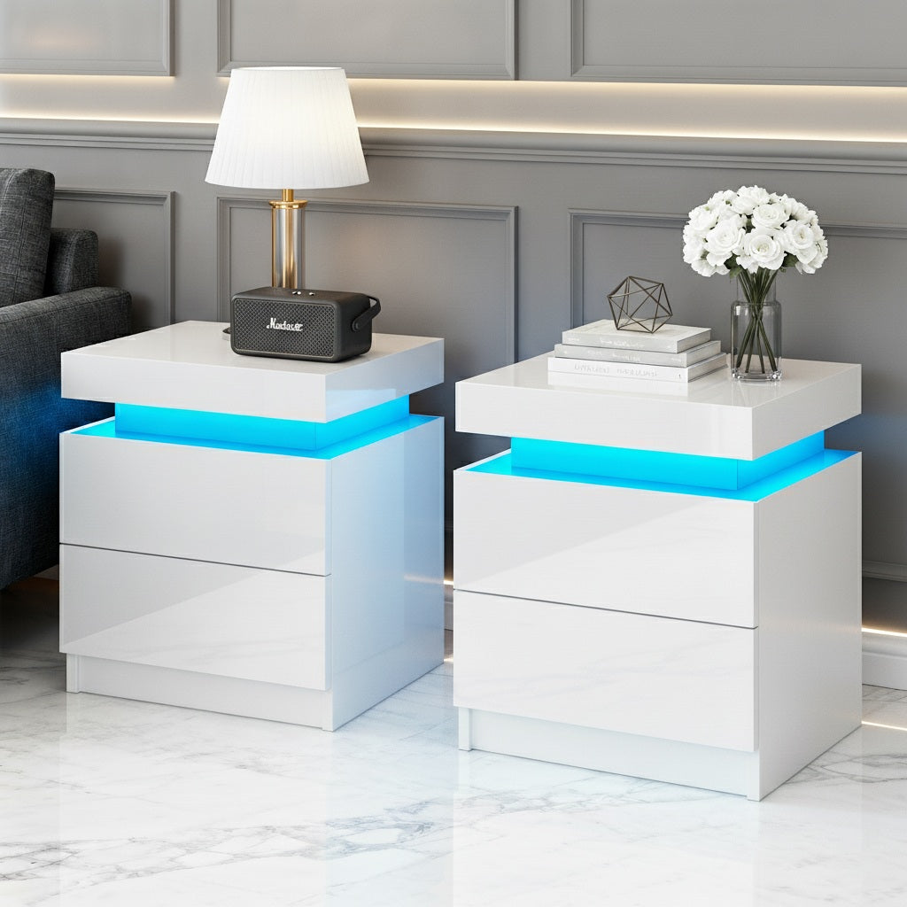 Bedside Tables Set 2pc | LED Light | 2 Drawers | Lift-Up Storage | COLEY | White