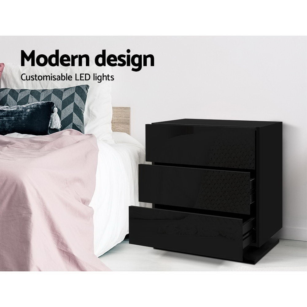 Bedside Tables Set 2pc | LED Light | 3 Drawers | MORI | Black