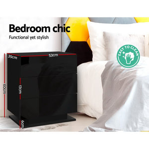 Bedside Tables Set 2pc | LED Light | 3 Drawers | MORI | Black