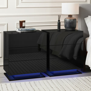 Bedside Tables Set 2pc | LED Light | 3 Drawers | MORI | Black
