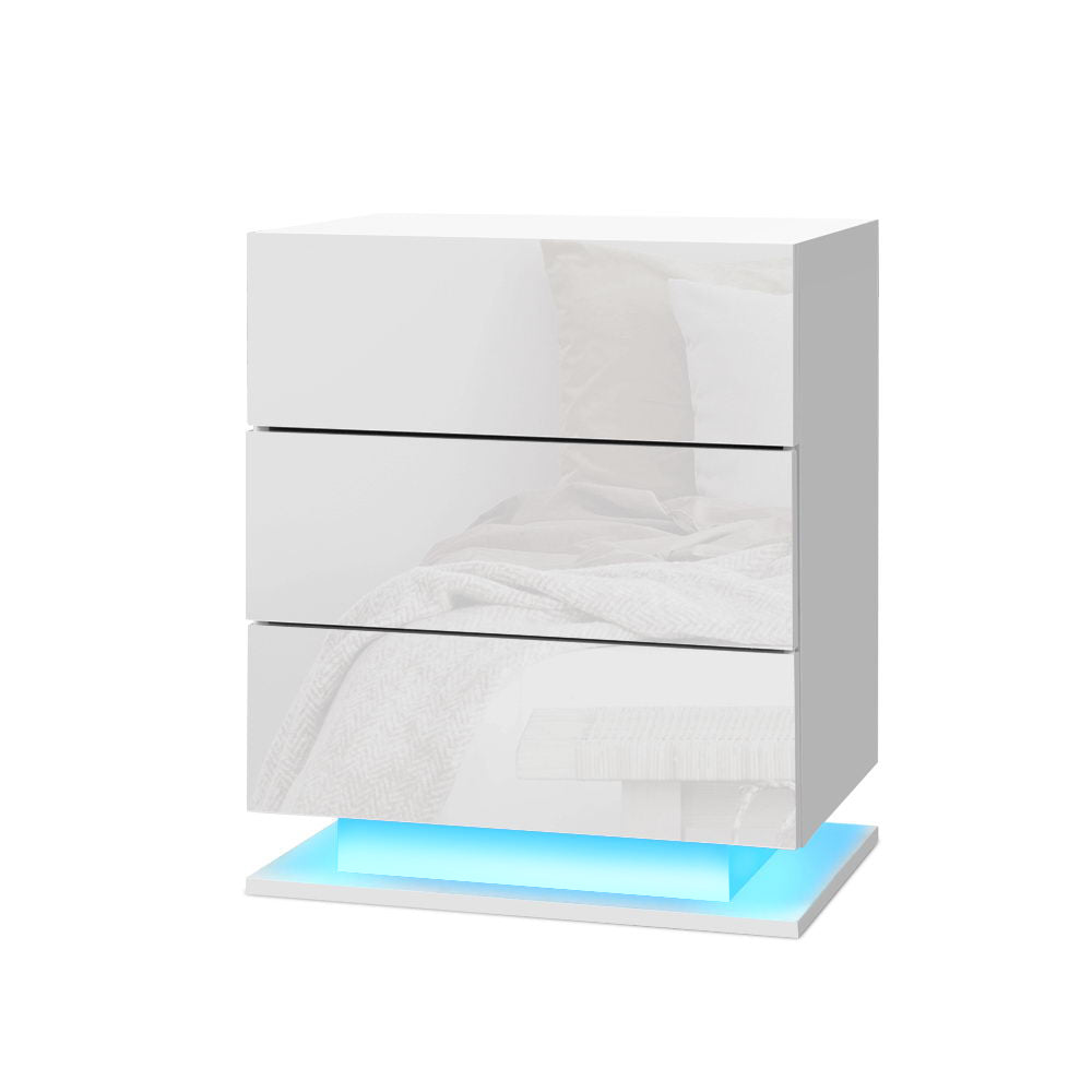 Bedside Table | LED | 3 Drawers | MORI White