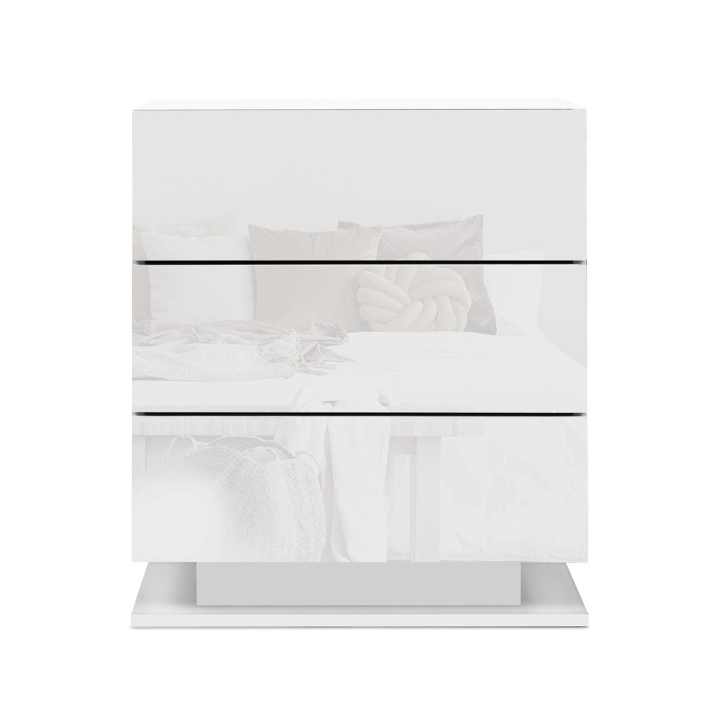 Bedside Table | LED | 3 Drawers | MORI White