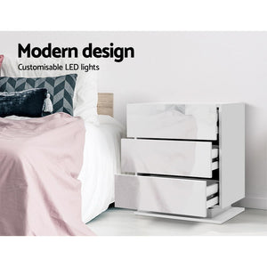 Bedside Table | LED | 3 Drawers | MORI White