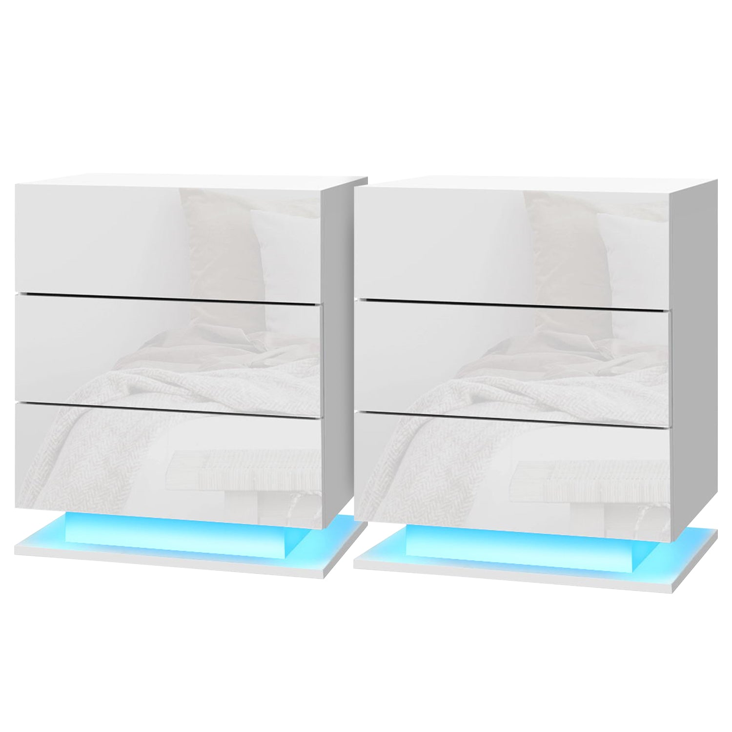 Bedside Tables Set 2pc | LED Light | 3 Drawers | MORI | White