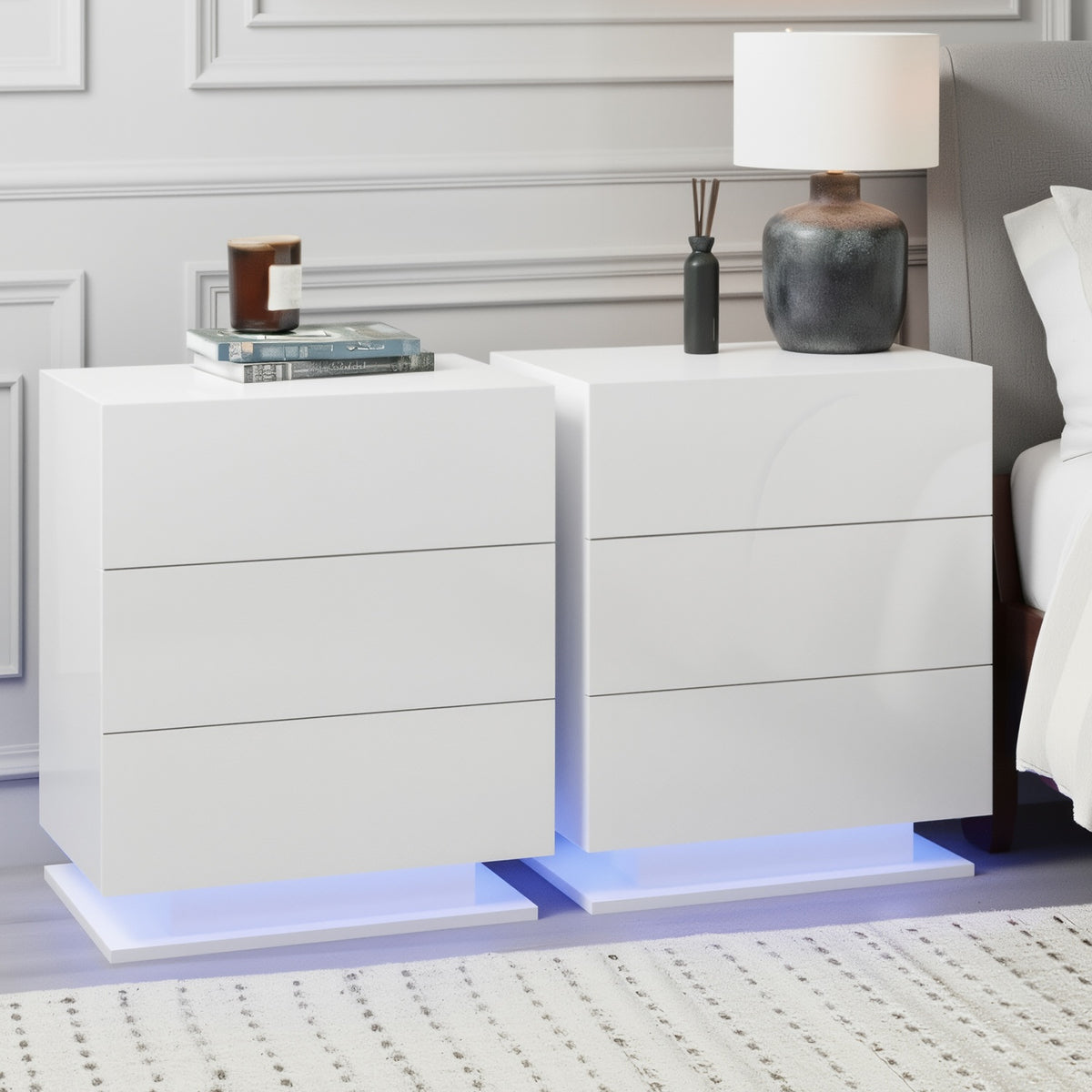 Bedside Tables Set 2pc | LED Light | 3 Drawers | MORI | White