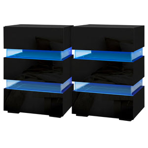 Bedside Tables Set 2pc | LED Light | 3 Drawers | LUMI | Black