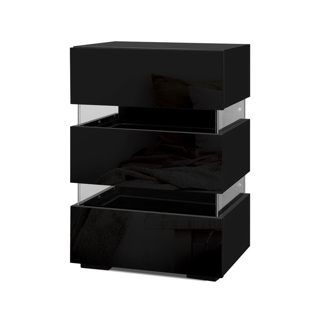 Bedside Tables Set 2pc | LED Light | 3 Drawers | LUMI | Black