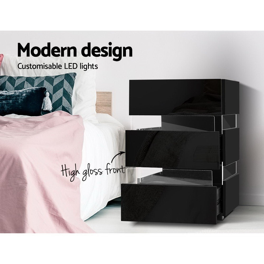 Bedside Tables Set 2pc | LED Light | 3 Drawers | LUMI | Black
