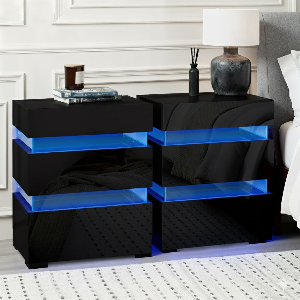 Bedside Tables Set 2pc | LED Light | 3 Drawers | LUMI | Black